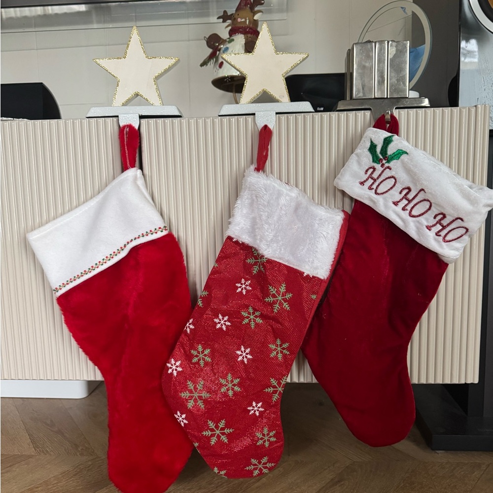 Elegant Red Christmas Stockings Trio with 3 holders